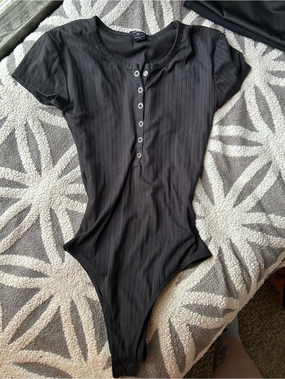 Black Ribbed One-Shoulder Button Front Top